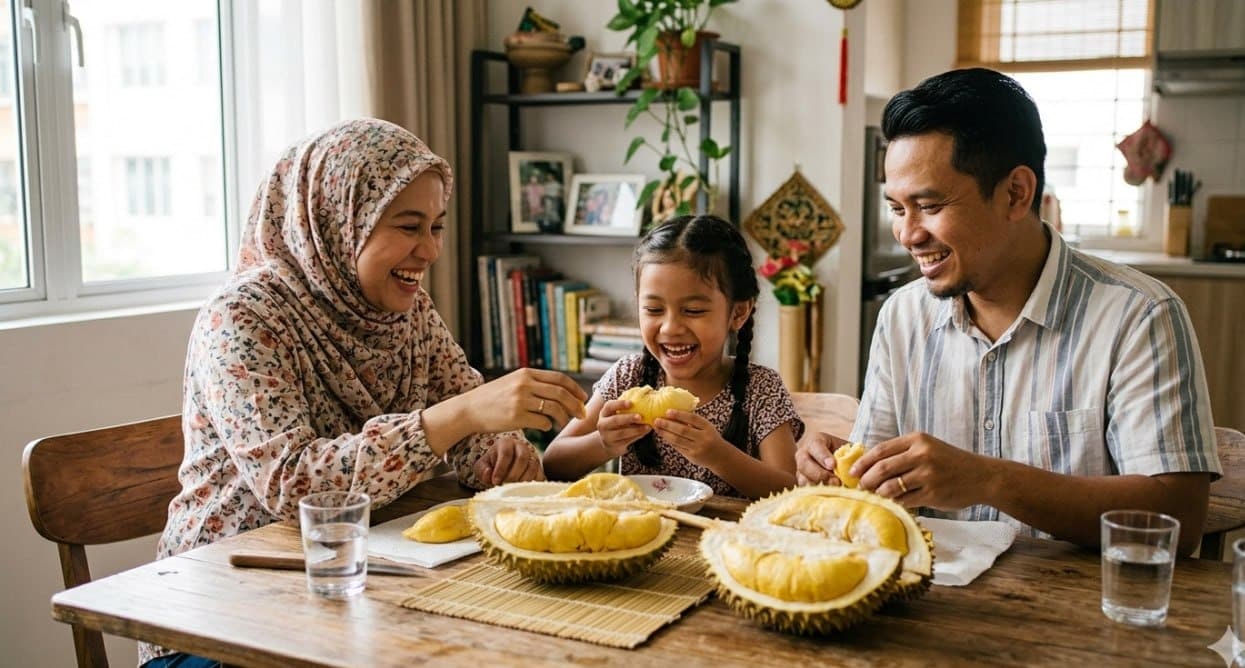 Family enjoying fresh durian together